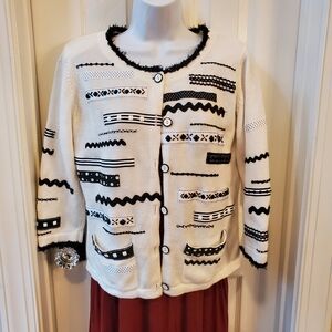 Design Options - Vintage- Black & White -Beaded - Cardigan -Art to Wear